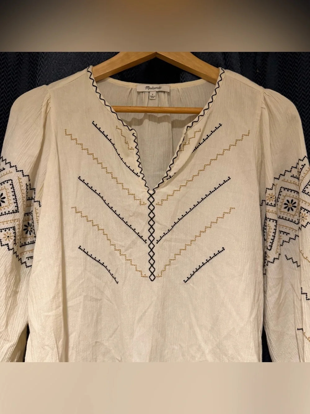 Madewell Embroidered Peasant Top S Antique Cream 100% Cotton Boho